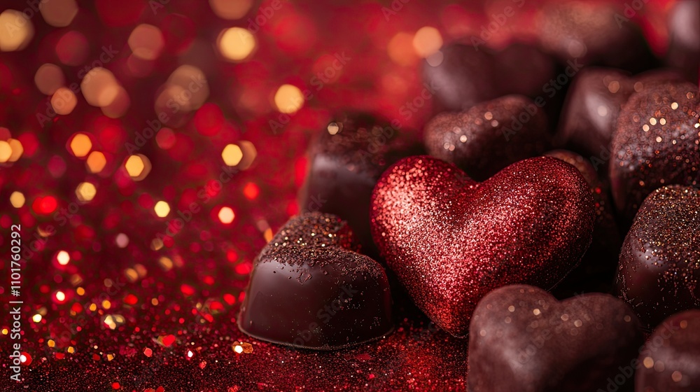 Obraz premium A creative shot of a heart-shaped box of chocolates with a background of red and gold glitter.