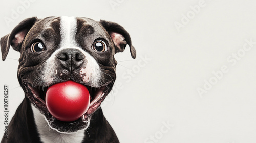 Playful Dog Holding Red Ball photo