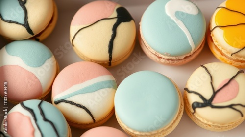 Assorted decorative macarons arranged artistically on a light background in a bakery setting photo