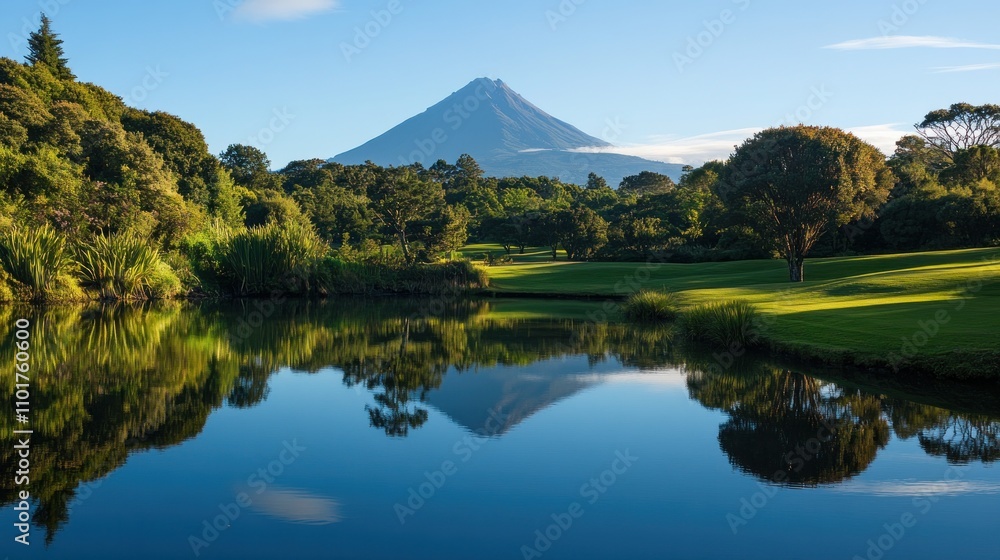 Volcanic Mountain Reflected In Calm Lake Beside Golf Course Volcanic Mountain Reflected In Calm Lake Beside Golf Course