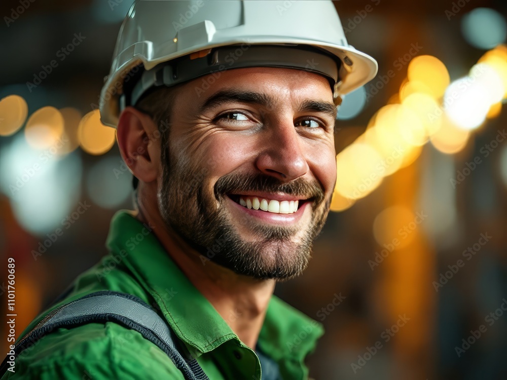 A cheerful construction worker, his smile doubled by a vibrant, blurry background. A cheerful construction worker, his smile doubled by a vibrant, blurry background.