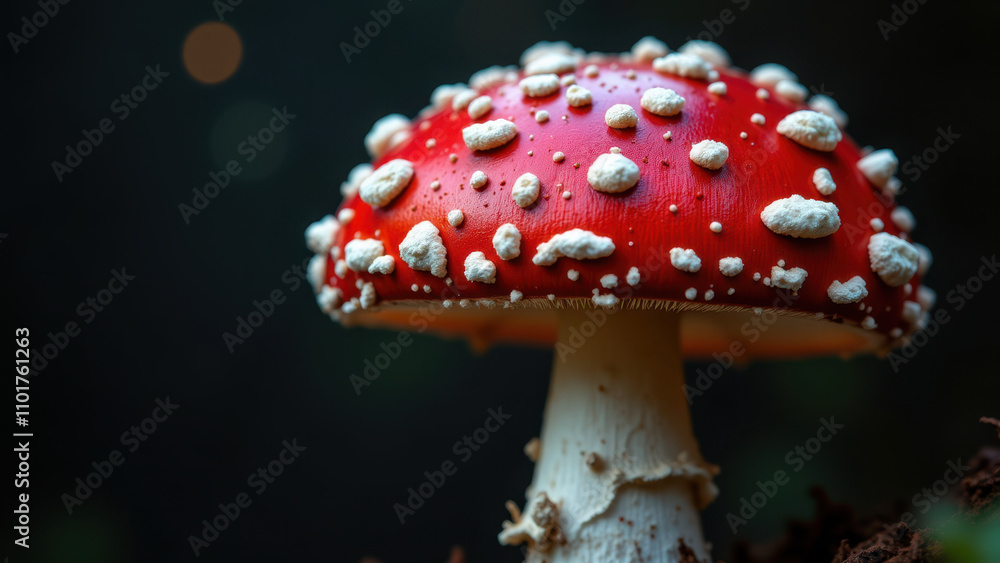 Obraz premium Vibrant red Amanita muscaria mushroom with white spots on stem against blurred forest background.