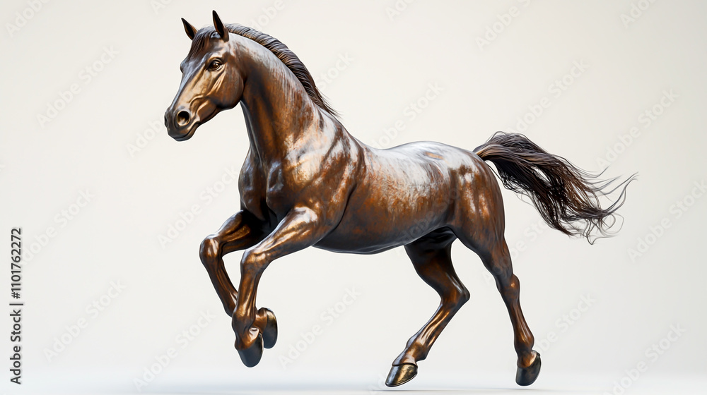 Obraz premium 3D horse statue, bronze in color with a white background. Hover over the link to view images