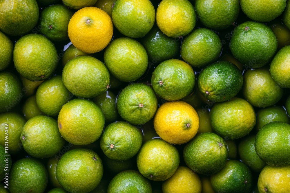A multitude of limes, varying in shades of green, surround a few bright yellow lemons. The arrangement highlights the freshness of these citrus fruits, often used in cooking and drinks A multitude of limes, varying in shades of green, surround a few bright yellow lemons. The arrangement highlights the freshness of these citrus fruits, often used in cooking and drinks