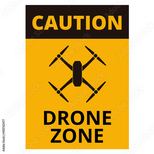 Black and yellow drone zone sign on a white background
