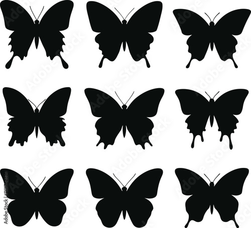 Flying butterflies silhouette black set isolated on white background