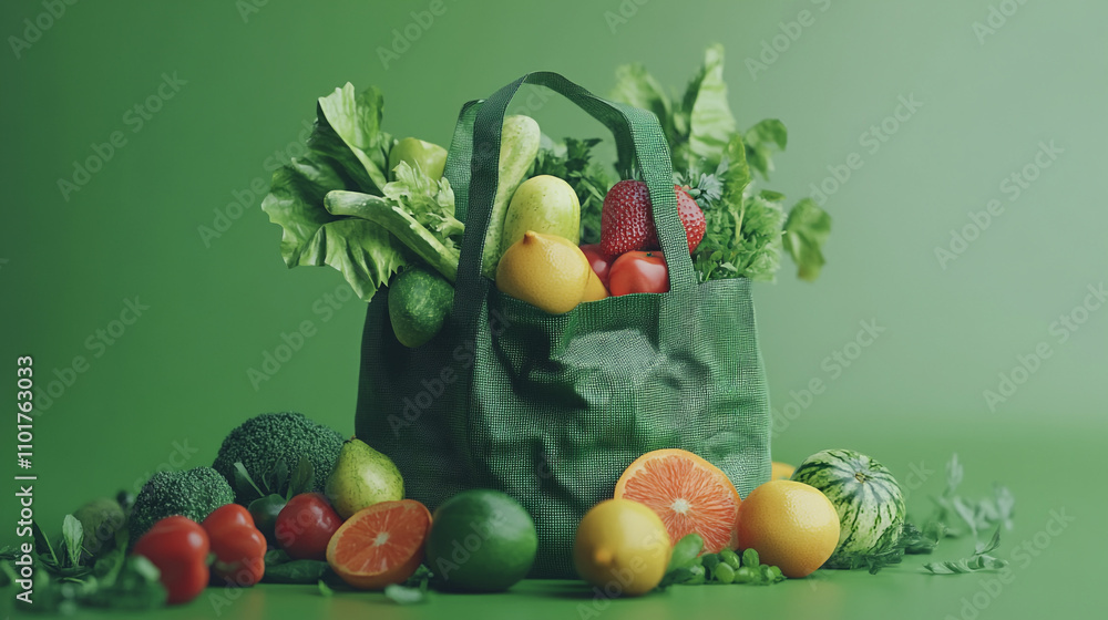 Green Reusable Bag Filled with Fresh Produce Fruits and Vegetables Green Reusable Bag Filled with Fresh Produce Fruits and Vegetables