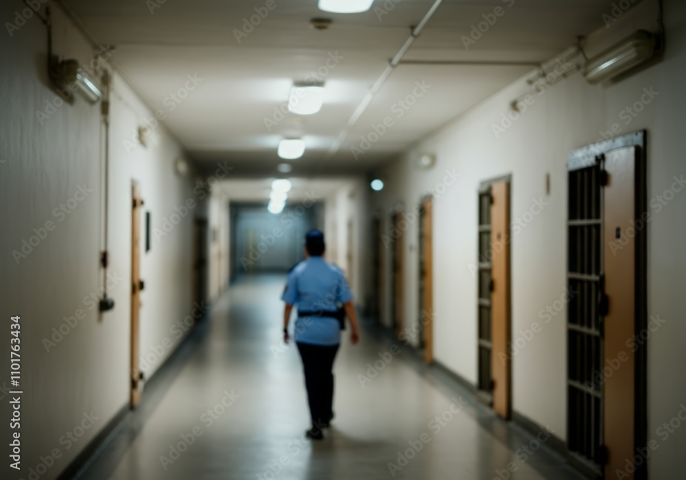 Blurred prison guard walking down a dimly lit hallway with cell doors Blurred prison guard walking down a dimly lit hallway with cell doors