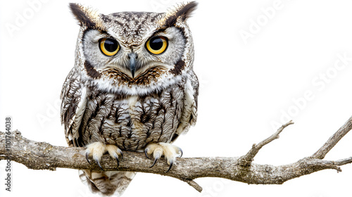 A full-body, cute owl sitting on a branch, looking at the camera, isolated on a black background photo