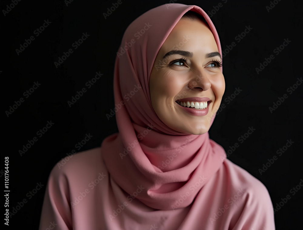 Portrait of joyful woman confidently wears a vibrant pink hijab, standing out beautifully against a dark background Portrait of joyful woman confidently wears a vibrant pink hijab, standing out beautifully against a dark background
