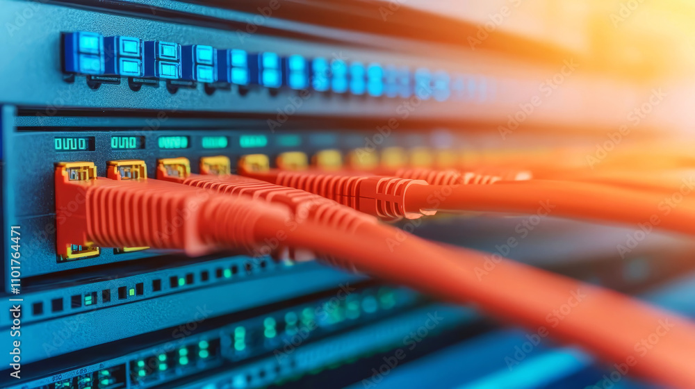 Installation of stateoftheart fiber optic modules in a server rack, focus on the highspeed network cables, futuristic tech environment Installation of stateoftheart fiber optic modules in a server rack, focus on the highspeed network cables, futuristic tech environment