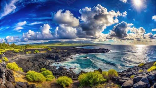 Panoramic Lava Fields and Coastline in Volcanoes National Park, Big Island, Hawaii - Sunny Day with Blue Sky and Clouds, Stunning Landscape Photography