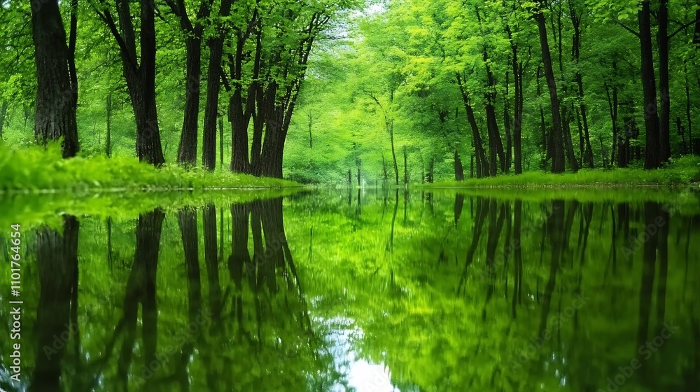 Tranquil Forest Stream with Serene Tree Reflections Tranquil Forest Stream with Serene Tree Reflections