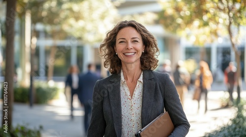 Confident Businesswoman Walking Outdoors in Urban Setting with Natural Light, Emphasizing Professionalism and Success in Modern Environment