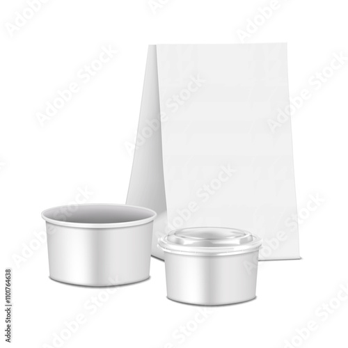 Takeout food packaging set. 3d mockup. White blank takeaway cardboard bowl, bowl with clear plastic lid and paper bag. Realistic vector mock-up. Take out fast food snack package. Template for design