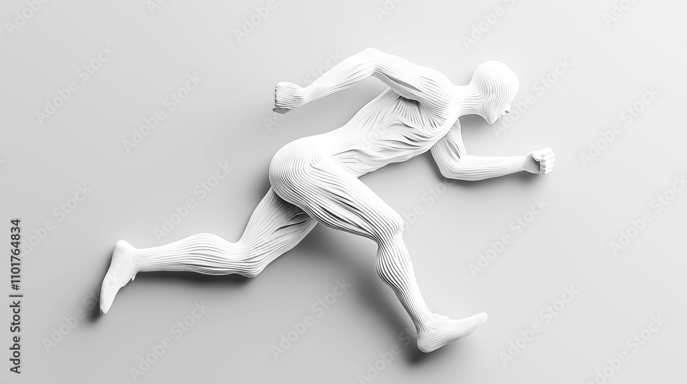 White abstract sculpture of a human figure in a running pose, featuring smooth, flowing lines and a minimalist design on a light background White abstract sculpture of a human figure in a running pose, featuring smooth, flowing lines and a minimalist design on a light background
