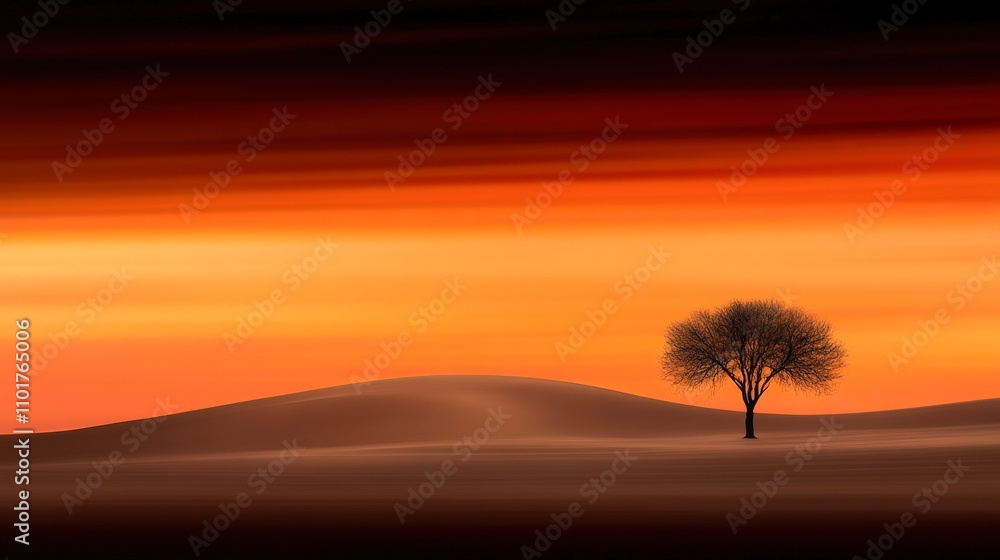 A serene landscape showcasing a solitary tree against a captivating orange and black sunset, ideal for use in nature-themed projects, meditation materials, or as calming wall art, A serene landscape showcasing a solitary tree against a captivating orange and black sunset, ideal for use in nature-themed projects, meditation materials, or as calming wall art,