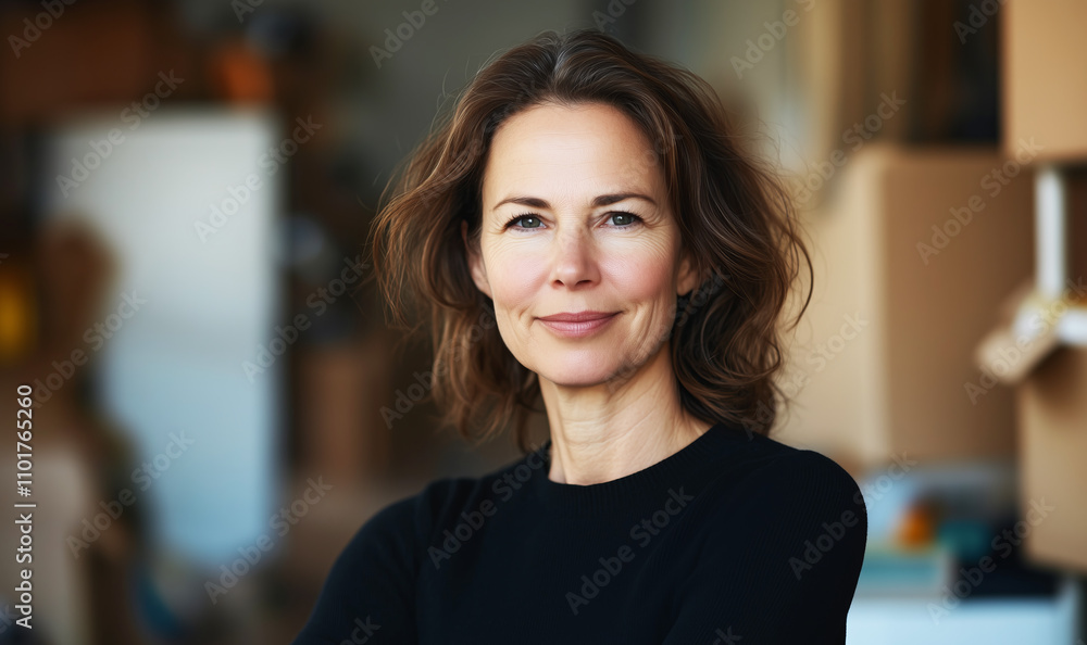Confident middle-aged woman smiling indoors. Portrait of a professional in a casual workspace environment. Leadership and empowerment concept Confident middle-aged woman smiling indoors. Portrait of a professional in a casual workspace environment. Leadership and empowerment concept
