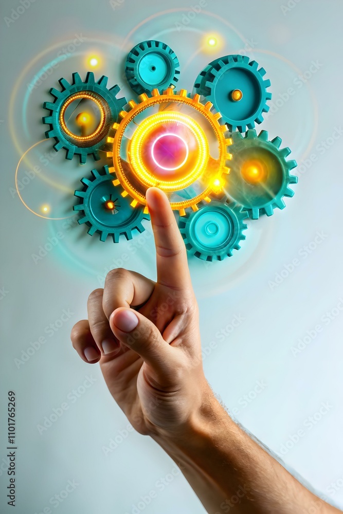 Abstract Hand Touching Holographic Gear Interface with Bokeh Effects for Industrial Innovation Technology Abstract Hand Touching Holographic Gear Interface with Bokeh Effects for Industrial Innovation Technology