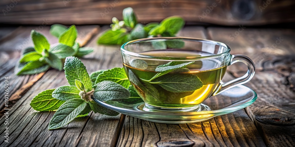 Refreshing Sage Mint Herbal Tea in a Glass Cup with Fresh Leaves on a Rustic Wooden Background for Natural Medicine and Healthy Herbs Concept with Copy Space Refreshing Sage Mint Herbal Tea in a Glass Cup with Fresh Leaves on a Rustic Wooden Background for Natural Medicine and Healthy Herbs Concept with Copy Space