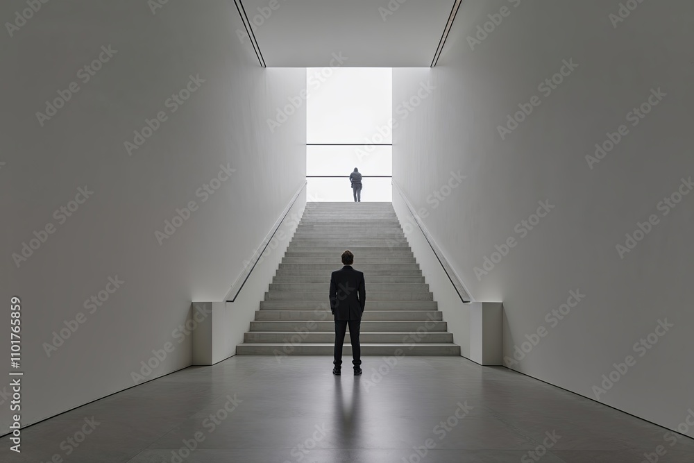Minimalist Art Depicting Visionary Ascending Giant Staircase of Achievement and Success Minimalist Art Depicting Visionary Ascending Giant Staircase of Achievement and Success
