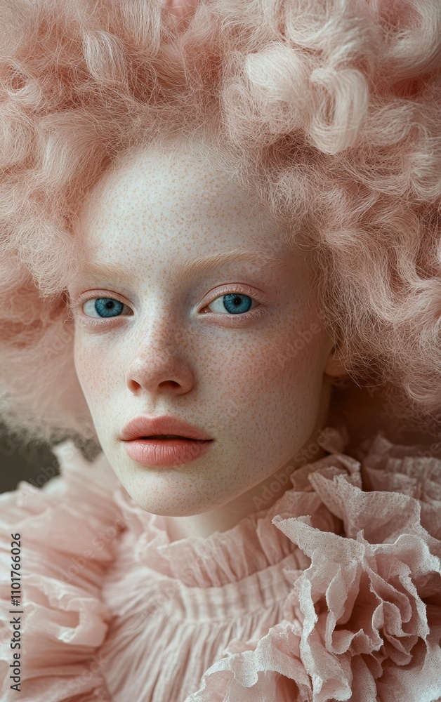 A close-up portrait featuring a model with striking blue eyes and soft pink curly hair, adorned in a ruffled pink garment, Ideal for beauty, fashion, and makeup campaigns or editorial content, A close-up portrait featuring a model with striking blue eyes and soft pink curly hair, adorned in a ruffled pink garment, Ideal for beauty, fashion, and makeup campaigns or editorial content,