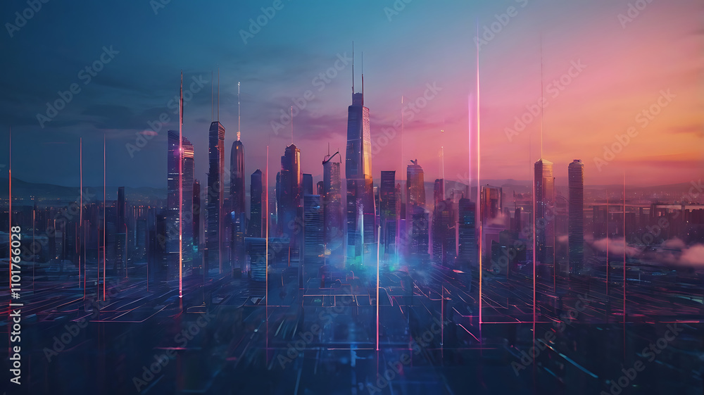 Futuristic Cityscape at Sunset with Digital Streams, vibrant city at sunset, high-tech urban environment, skyscrapers and technology, glowing digital streams. Futuristic Cityscape at Sunset with Digital Streams, vibrant city at sunset, high-tech urban environment, skyscrapers and technology, glowing digital streams.