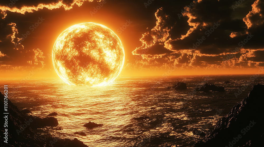 Sunset over the ocean creates a dramatic golden glow with clouds reflecting vibrant colors at the horizon. Generative AI Sunset over the ocean creates a dramatic golden glow with clouds reflecting vibrant colors at the horizon. Generative AI