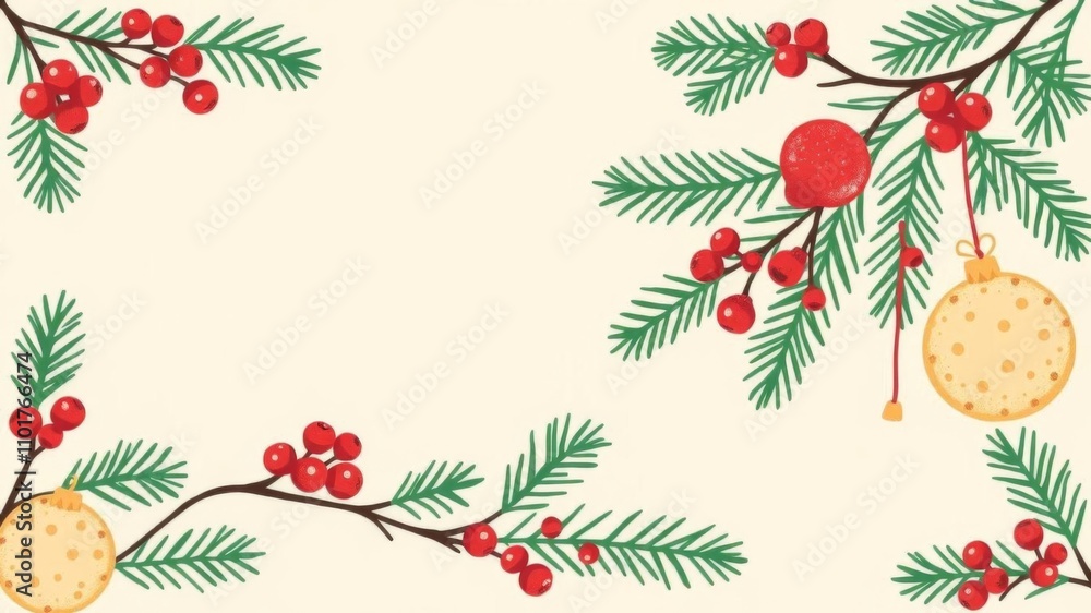Frame of Christmas ornaments balls, spruce branches, berries on beige background, cute hand drawn design, text space, naive style, berries, spruce, balls Frame of Christmas ornaments balls, spruce branches, berries on beige background, cute hand drawn design, text space, naive style, berries, spruce, balls