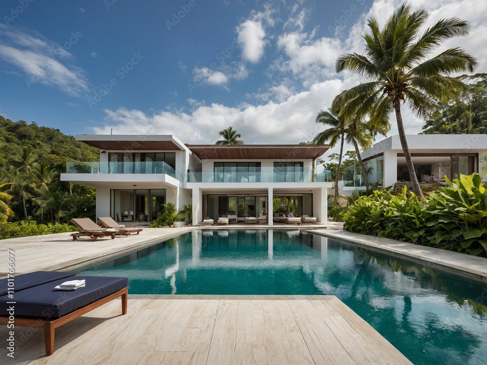 Fototapeta premium Tropical Villa Retreat with Infinity Pool and Lush Surroundings