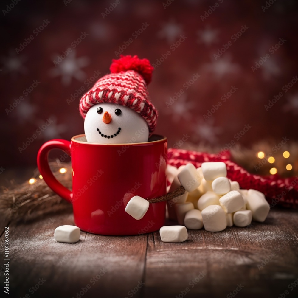 Fototapeta premium Christmas hot chocolate with marshmallow snowman on cozy blur background with copy space