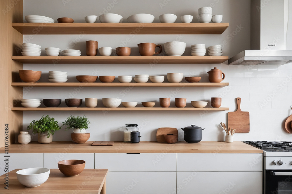 Japandi kitchen with open shelving, wooden cabinets, Minimalist, with simple ceramic dishes on shelves Japandi kitchen with open shelving, wooden cabinets, Minimalist, with simple ceramic dishes on shelves
