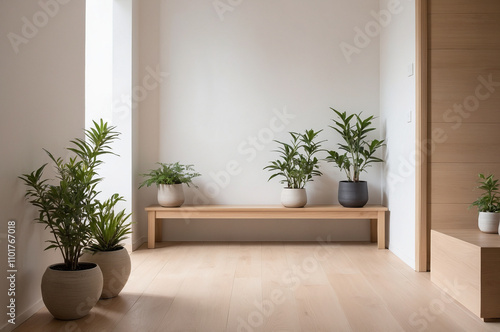 Japandi hallway with light wood flooring, a simple wooden bench, and a few small plants in ceramic pots.