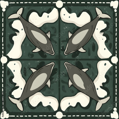 Four stylized dolphins arranged symmetrically on a dark green background, forming a tile-like pattern. photo