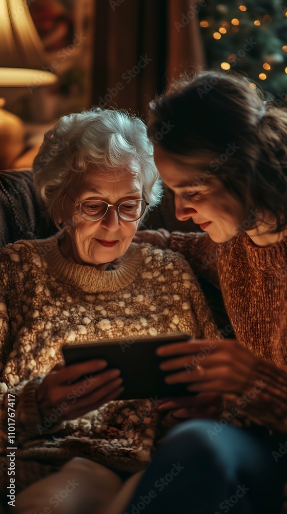 Senior Woman Using a Tablet with Assistance in a Cozy Setting, Technology and Senior Care Senior Woman Using a Tablet with Assistance in a Cozy Setting, Technology and Senior Care