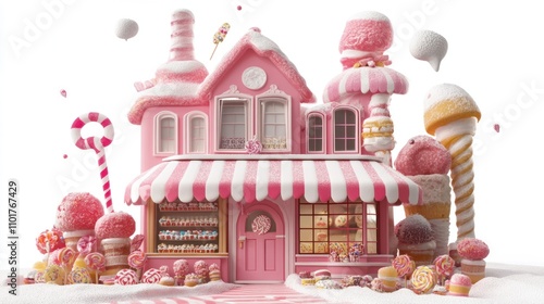 A whimsical pink candy house sits in a snowy scene photo