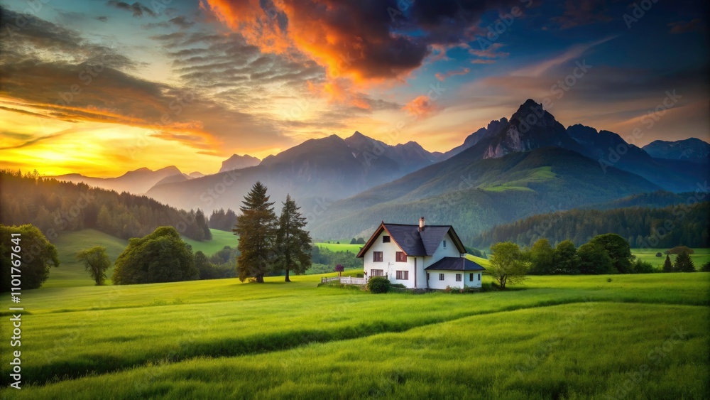 Serene Landscape with White House, Lush Green Fields, and Majestic Mountains in Low Light Photography Serene Landscape with White House, Lush Green Fields, and Majestic Mountains in Low Light Photography