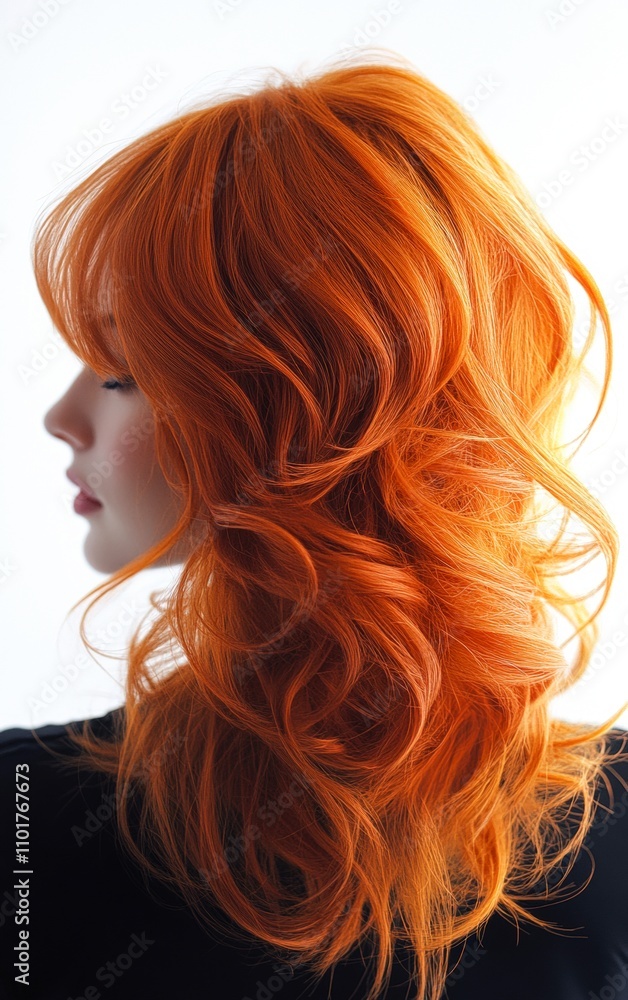 A vibrant profile view highlighting lush, wavy orange hair against a clean backdrop, This image can be ideal for beauty salons, hair products, or fashion marketing materials, A vibrant profile view highlighting lush, wavy orange hair against a clean backdrop, This image can be ideal for beauty salons, hair products, or fashion marketing materials,