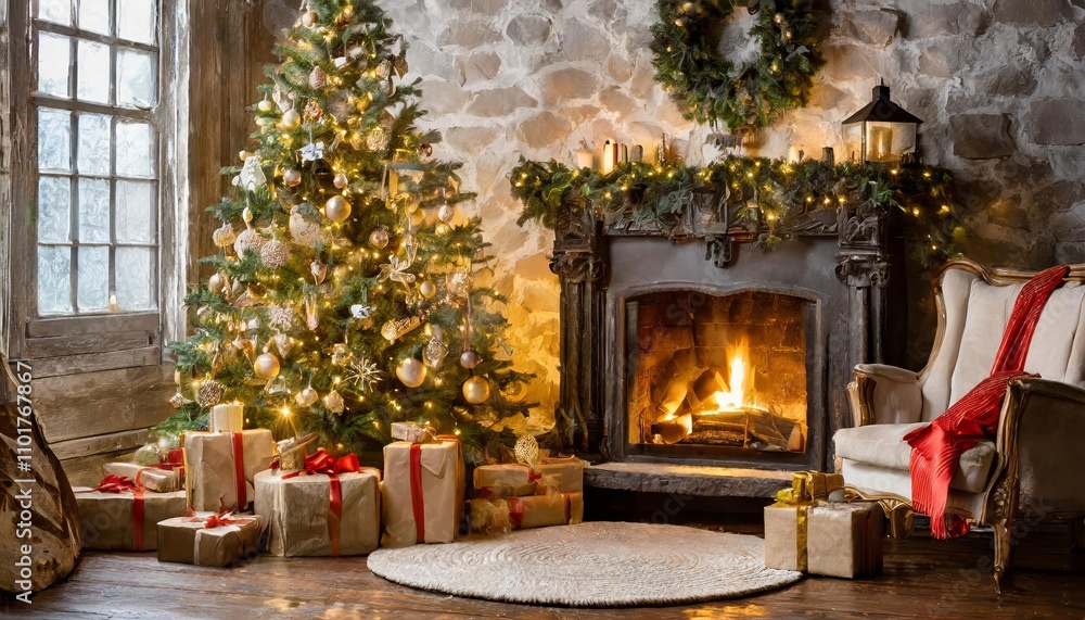 Festlich geschmückter Weihnachtsbaum neben einem wärmenden Kamin mit liebevoll verpackten Geschenken im Vordergrund, perfekt für die gemütliche Weihnachtsstimmung in winterlichem Ambiente. Festlich geschmückter Weihnachtsbaum neben einem wärmenden Kamin mit liebevoll verpackten Geschenken im Vordergrund, perfekt für die gemütliche Weihnachtsstimmung in winterlichem Ambiente.