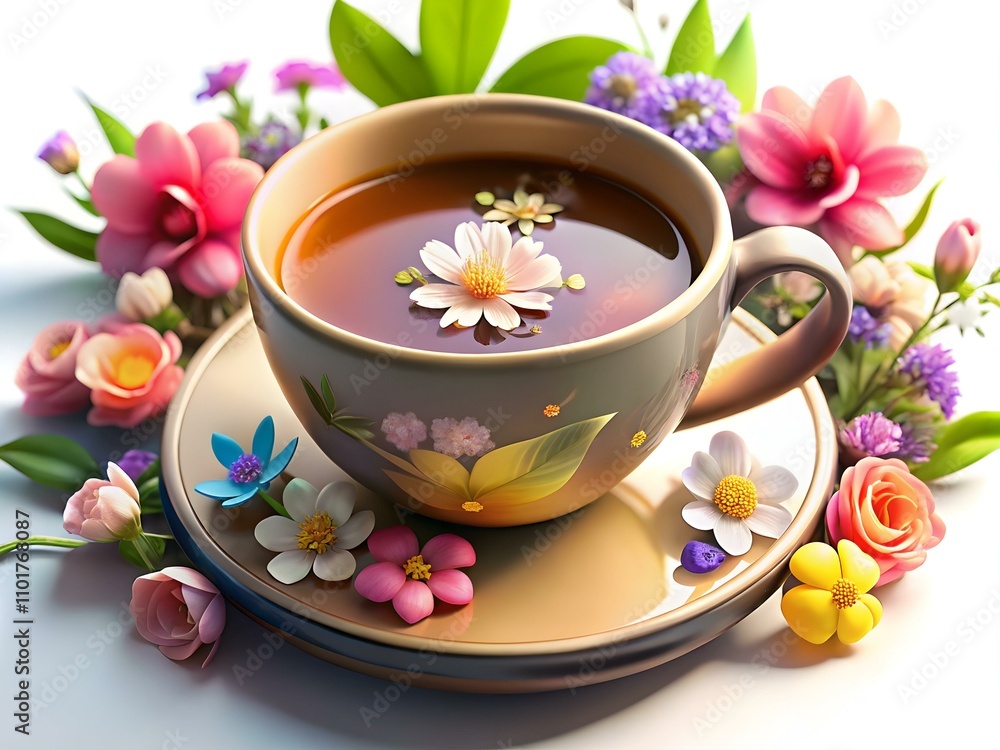 Serene Close-Up Herbal Tea Cup Blooming Flowers Copy Space for Spa Wellness Retreats Serene Close-Up Herbal Tea Cup Blooming Flowers Copy Space for Spa Wellness Retreats