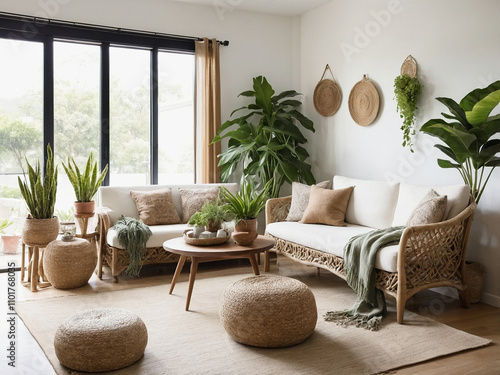 Living Room with Plants and Woven Decor Accents