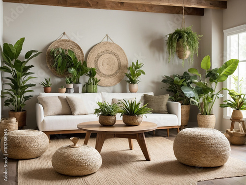 Living Room with Plants and Woven Decor Accents