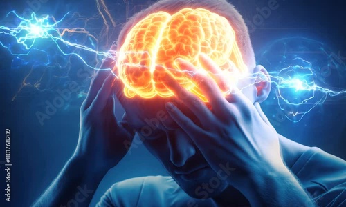 Electric headache pain animation showing human brain with hands and head