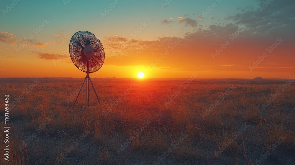Sunset over grassy field with small wind turbine. Sunset over grassy field with small wind turbine.