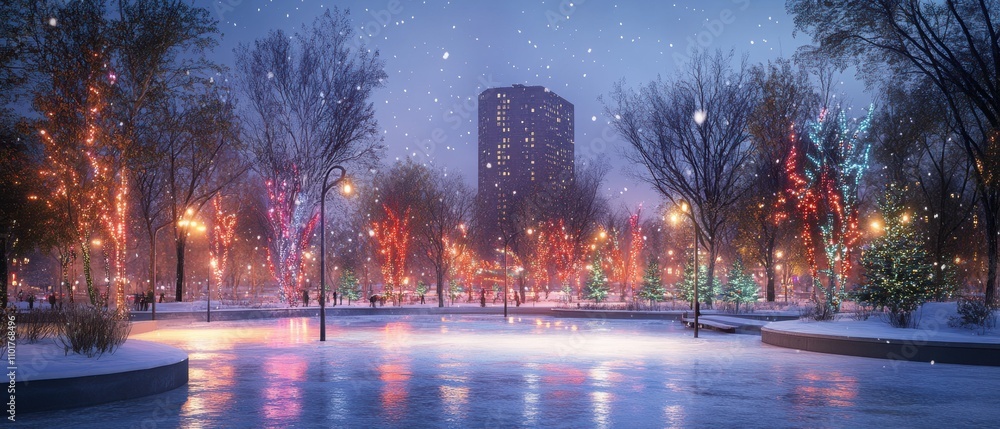 Serene Winter Night Scene in City Park with Colorful Holiday Lights, Snowfall, and Reflective Ice Surface Creating a Magical Atmosphere for Festive Celebrations Serene Winter Night Scene in City Park with Colorful Holiday Lights, Snowfall, and Reflective Ice Surface Creating a Magical Atmosphere for Festive Celebrations