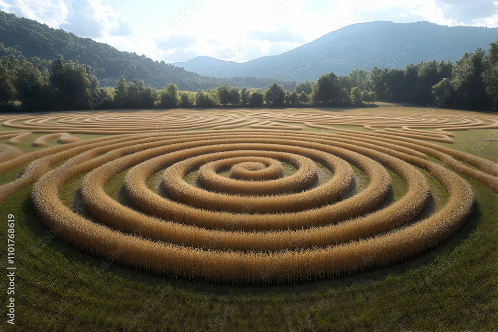 Spiral field of golden wheat, art in the countryside. Spiral field of golden wheat, art in the countryside.