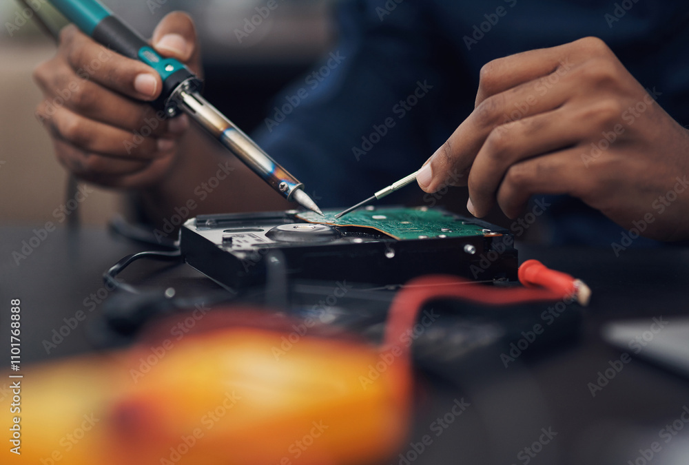 Circuit board, engineering and soldering iron with hands of person in office for maintenance or repair. Business, hardware and technology with IT technician fixing mobo connection in workshop closeup Circuit board, engineering and soldering iron with hands of person in office for maintenance or repair. Business, hardware and technology with IT technician fixing mobo connection in workshop closeup