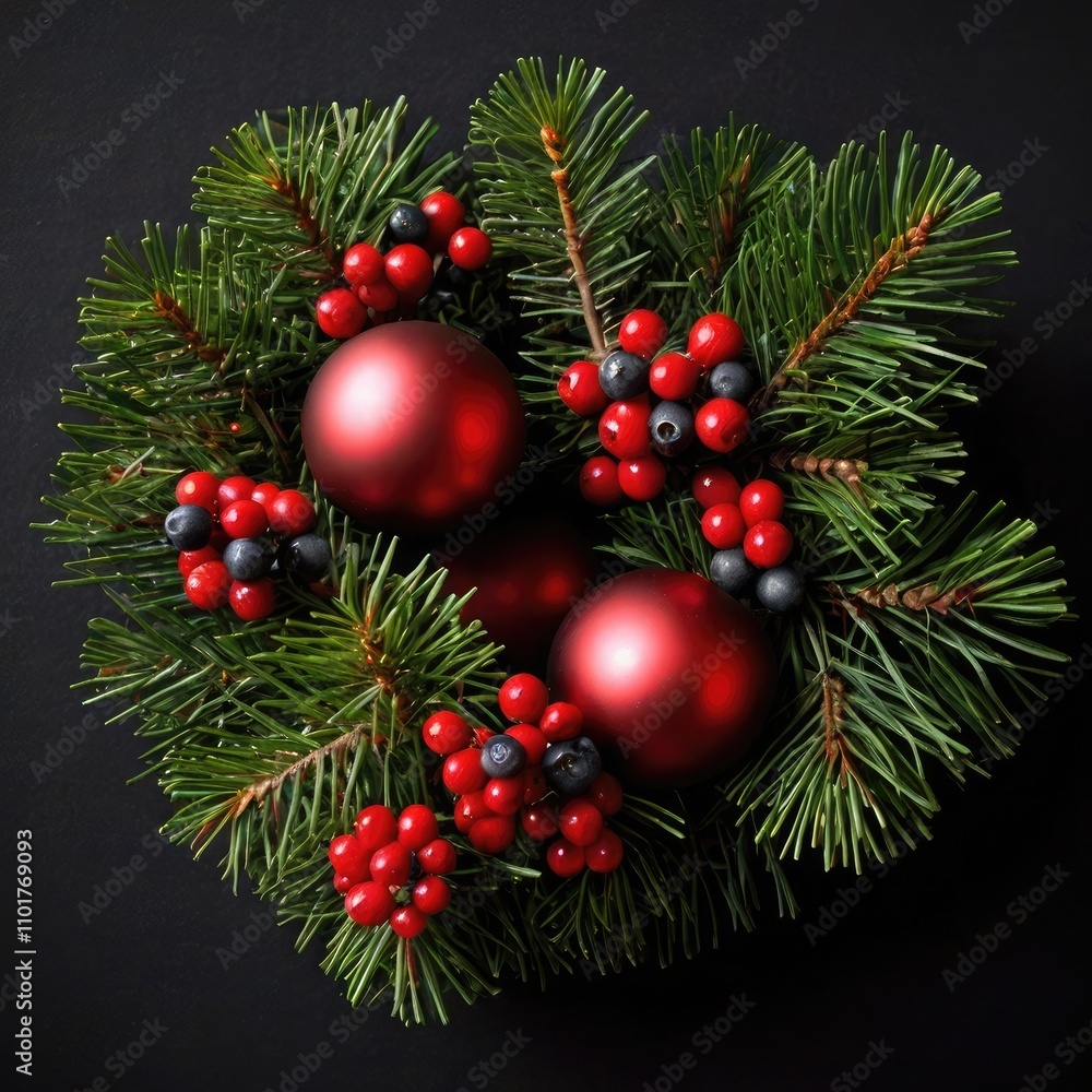 ere is an image of a top view of Christmas decorations including pine branches, red ornaments, and berries. A festive holiday arrangement with a black background, conveying warmth and celebration: ere is an image of a top view of Christmas decorations including pine branches, red ornaments, and berries. A festive holiday arrangement with a black background, conveying warmth and celebration:
