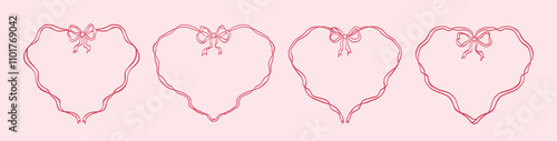Set of heart pink frames with bow and ribbons. Hand drawn vintage coquette borders. Minimalist line art. Trendy elegant frames for wedding invitation, birthday card, holiday poster, cover, banner.