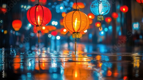 A dramatic view of brightly lit Chinese lanterns reflecting on wet pavement during a nighttime drizzle.